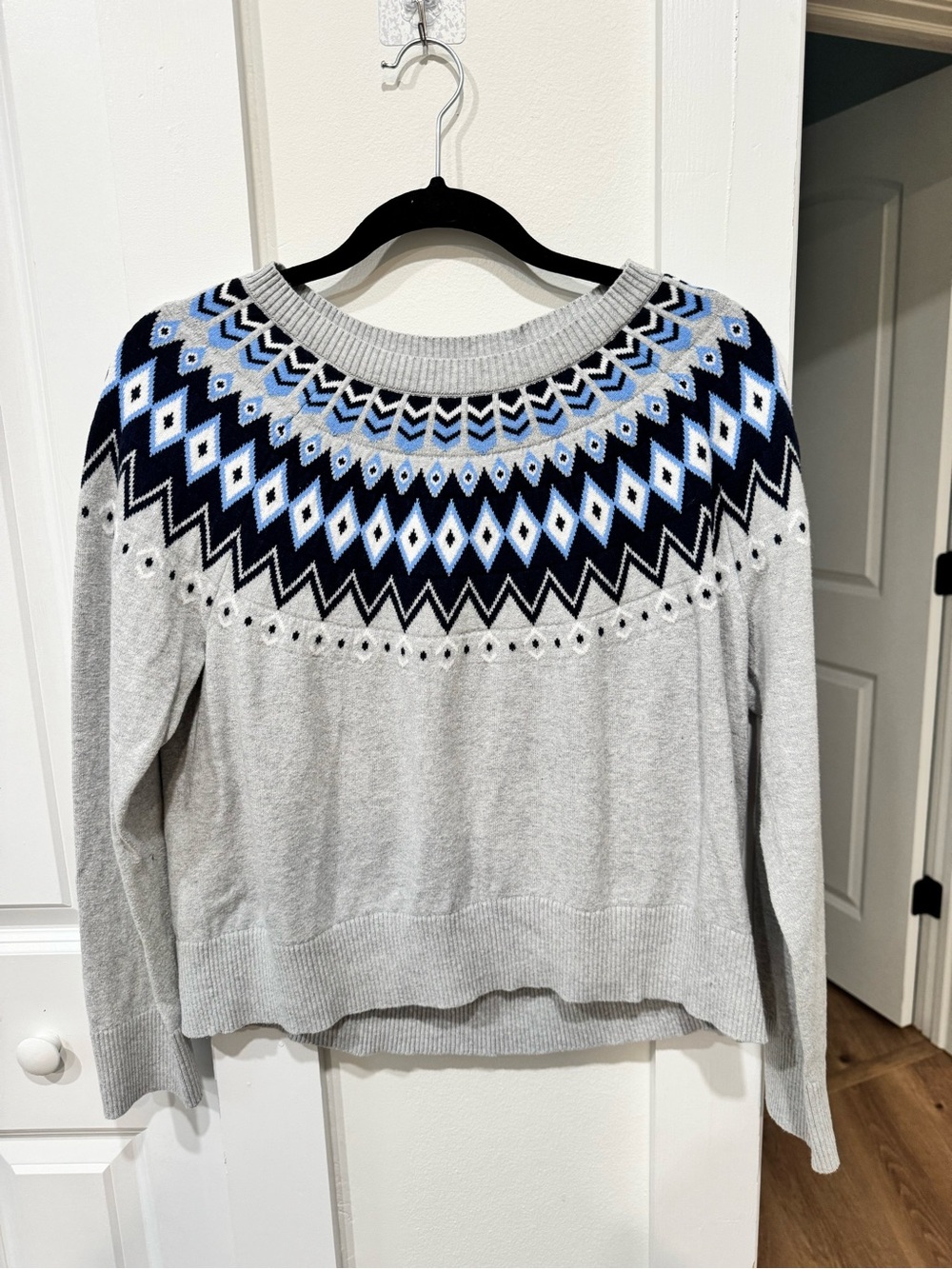 L.L. Bean Gray Fair Isle Yoke Crewneck Sweater with Blue Accents